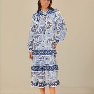 FARM RIO Off-White Stitched Flowers and  Girls Midi Dress Size L NEW WITH TAGS